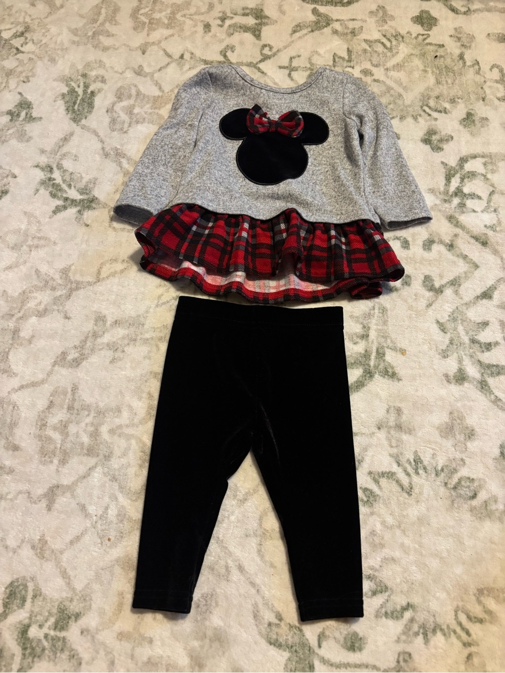 Disney Grey Top with Red Plaid Ruffle & Black Leggings